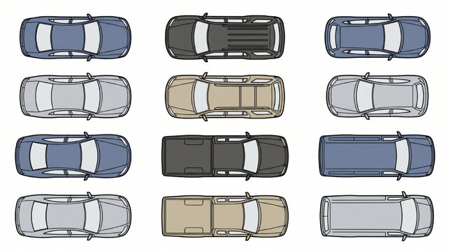 Architectural Vehicle CAD Symbol Sheet Top View Cars SUVs Vans Pickup Trucks Colored Vector Blocks Set