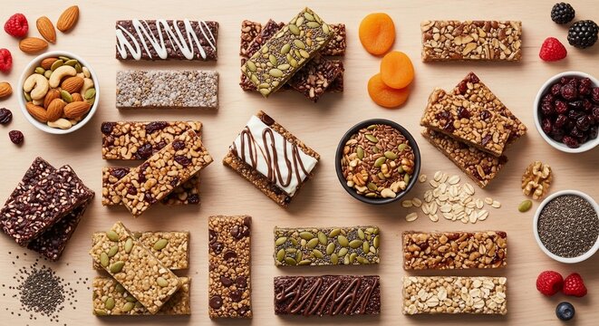 Assorted granola bars and healthy snacks on a table