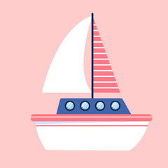 Stylish sailboat with striped sail on soft pink background in modern flat vector illustration for nautical travel and leisure themes © Kay