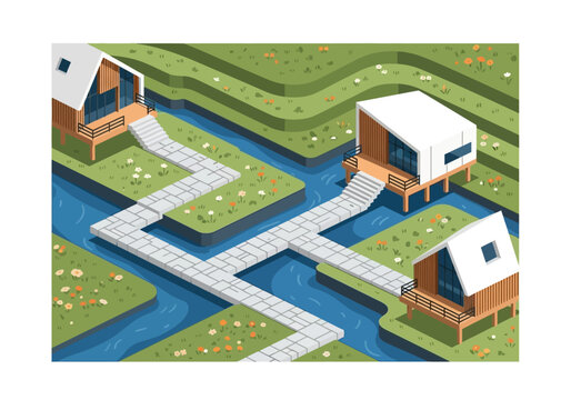 Modern minimalist houses on stilts connected by pathways over water and green landscape.