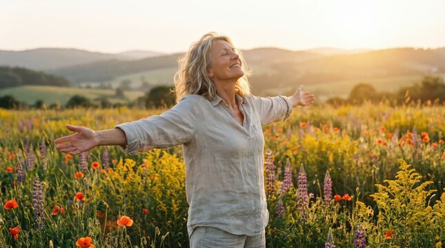 Mature Woman Field Sunset Arms Wide Freedom Joy Nature