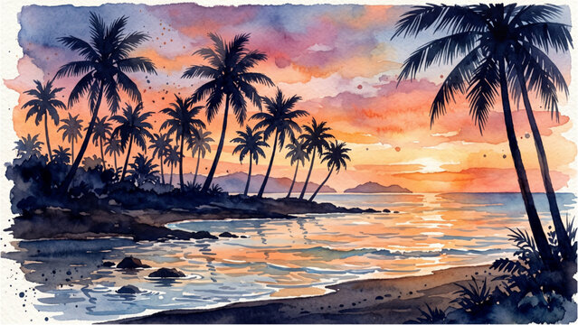 Watercolor Palm Trees and Silhouette Palm Trees Tropical Beach Illustration with Exotic Summer Vibes