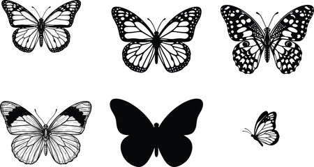 Obraz premium Butterfly silhouettes and detailed wing patterns for nature, spring, decorative, and educational design projects
