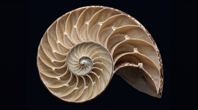 Cross section of a chambered nautilus shell showing internal spiral chambers