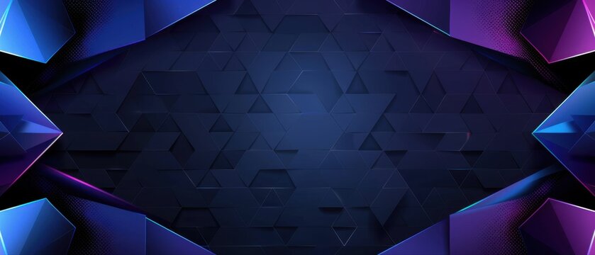 Dark futuristic geometric stage with triangle wall panels and blue purple neon edges, abstract technology background for gaming, cyber and presentation design.