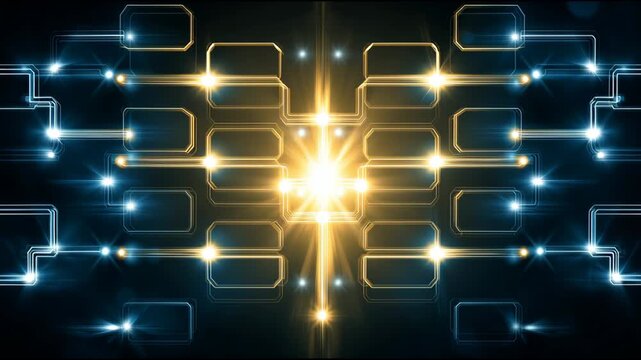 Footage shows a glowing tournament bracket metaphor with bright lights indicating matches and highlighting winners in different stages of competition
