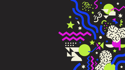 Fototapeta premium Abstract Memphis style graphic elements with confetti and shapes on dark background