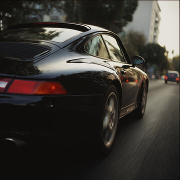 porsche 911 Sportwagen auf einer urbanen Stra&szlig;e in dynamischer Fahrt. Editorial-Motiv f&uuml;r Automobilkultur, Fahrspa&szlig;, Performance, Luxusfahrzeuge, Sammlerwerte und automobile Leidenschaft. Echtfoto.