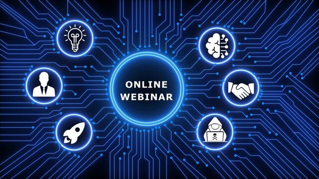 A glowing neon ONLINE WEBINAR concept surrounded by smaller icons for ai and manufacturing process management all connected in a digital circuit like pattern.circuit lines and digital symbols. 4k