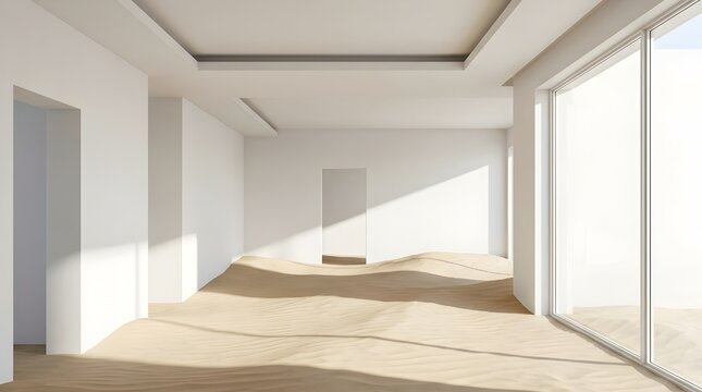 Bizarre Minimalist White Room with Rolling Desert Sand Dune Floor
