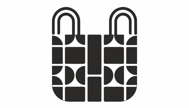 Abstract shopping bag icon with geometric pattern, black and white illustration