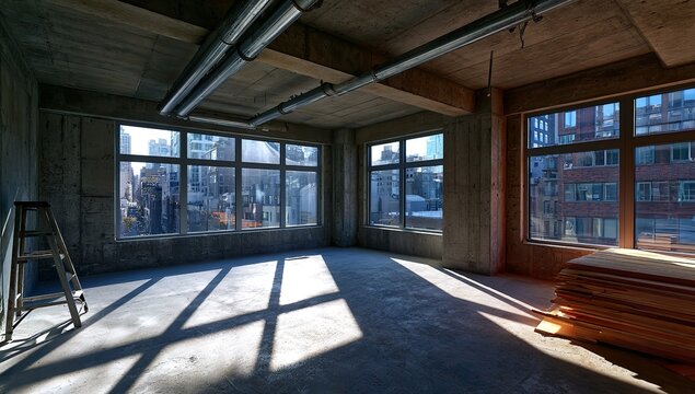 Unfinished construction site interior featuring metal ceiling ducts concrete walls wooden ladder and stacked plywood planks