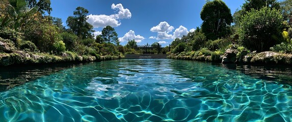 Obraz premium Turquoise swimming pool water reflecting bright blue sky surrounded by lush green tropical foliage and dense garden landscaping
