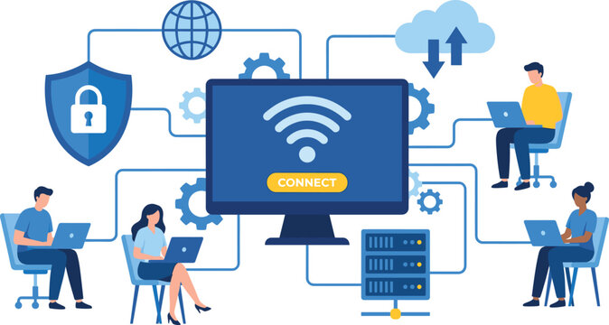 Business team working on laptops connected to secure wireless network and global cloud computing server