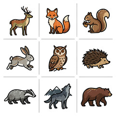 Fototapeta premium Woodland Forest Animal Collection Featuring Cute Hand-Drawn Wildlife Characters