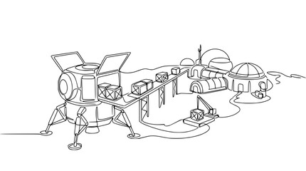 Space colony base with lunar lander unloading cargo, futuristic exploration concept art © Tani