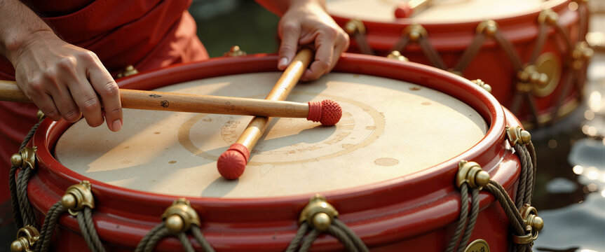 Drumsticks striking drum for dragon boat races, websites, and blogs