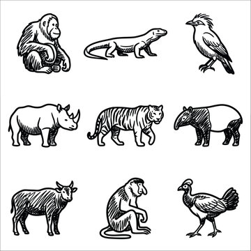 Set of Indonesian Endangered Animals Sketch Illustration Collection