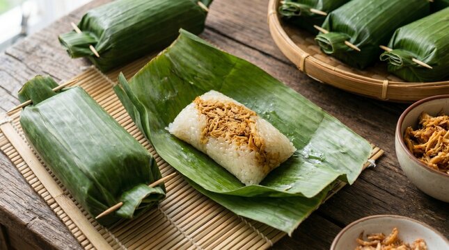 A detailed close-up and high-angle shot of traditional Indonesian lemper chicken rice cakes, with one opened banana leaf pouch revealing sticky rice and seasoned shredded chicken filling.