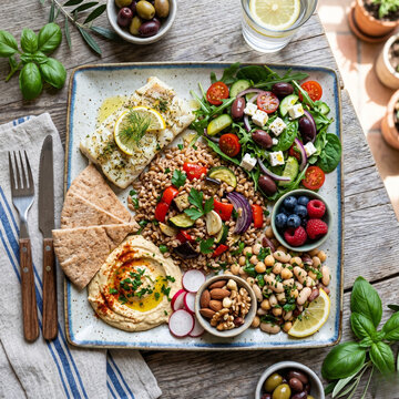 Healthy Mediterranean Platter with Grilled White Fish, Fresh Salad, Grain Bowl, and Hummus
