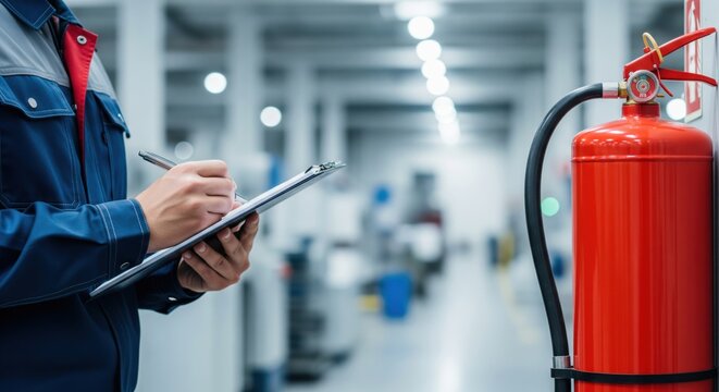 Fire safety inspector checking a fire extinguisher at an industrial facility, representing workplace safety, fire prevention, regulatory compliance and risk management