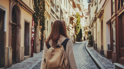 Obraz premium Rear View of Woman with Backpack Walking Down a European Medieval Stone Alleyway