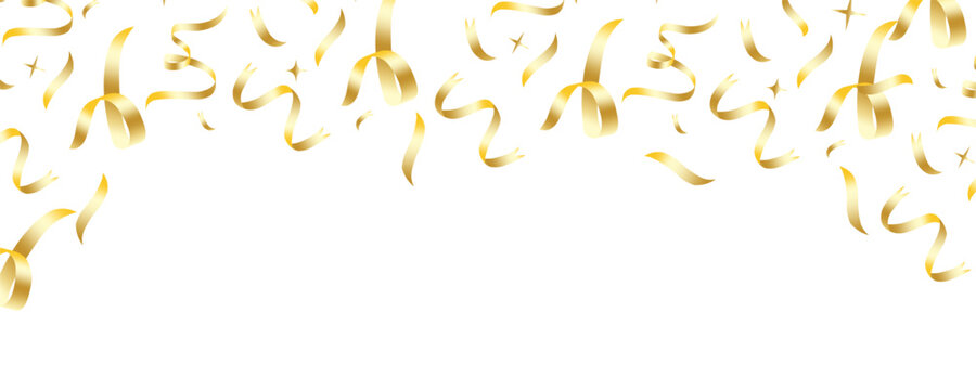 Gold Confetti Decorative Celebration Frame background. confetti explosion celebration party isolated on a black background. Falling golden ribbon for carnival, New Year, birthday