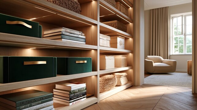Modern bookshelf showcasing green velvet storage boxes with metallic handles and assorted books in a tidy and well-organized home library