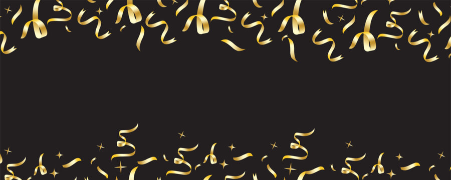 Gold Confetti Decorative Celebration Frame background. confetti explosion celebration party isolated on a black background. Falling golden ribbon for carnival, New Year, birthday