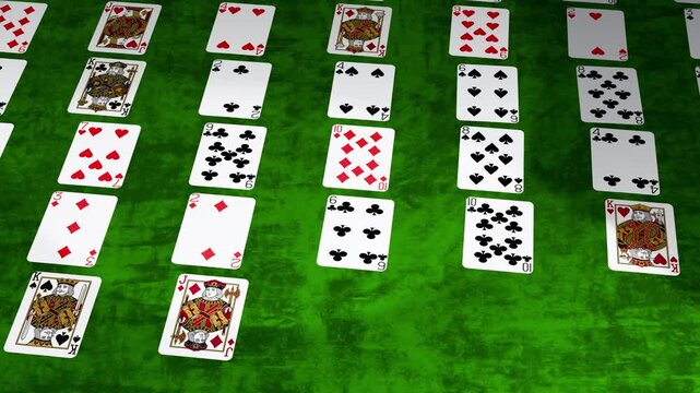 A 3D animation in which playing cards, stacked in a single pile, pop out one by one&mdash;just like in a card magic trick&mdash;and line up across the entire surface of a casino deck from bird view 3d render..