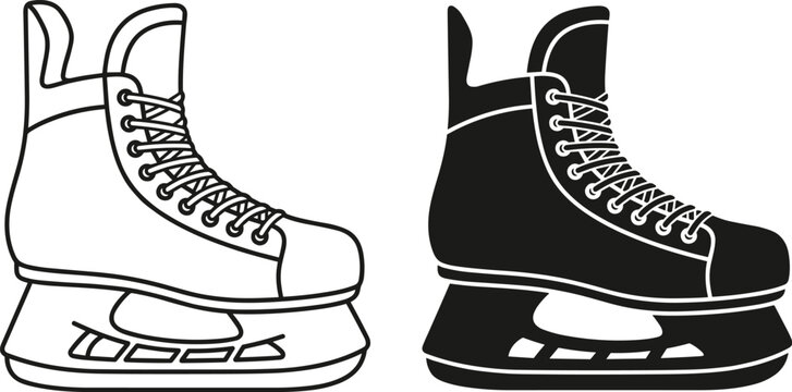 Flat vector illustration of ice skate silhouettes, winter icons, minimal sport design, modern skating graphic set, black outline and filled styles