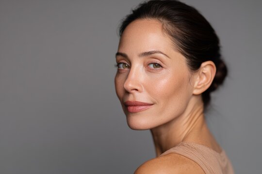 caucasian woman in her 50s, neat hair and small earring in minimalist beige dress, looking back over left shoulder, neutral background. Menopausal Hormone Therapy (MHT/HRT) 