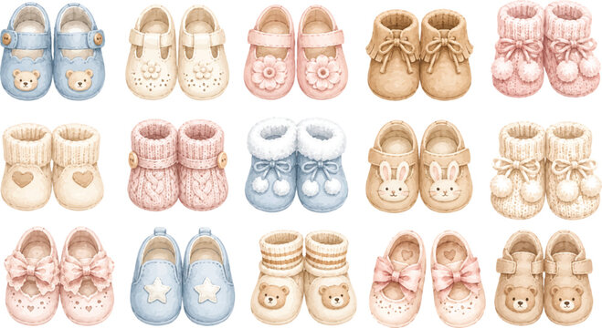 Collection of decorative baby booties and infant shoes in pastel colors with baby shower white background clothing footwear watercolor collection illustration clothing
