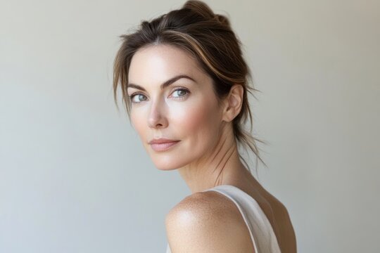 Beautiful Spanish woman in her 50s, neat hair and small earring in minimalist beige dress, looking back over left shoulder, neutral background. Menopausal Hormone Therapy (MHT/HRT) 