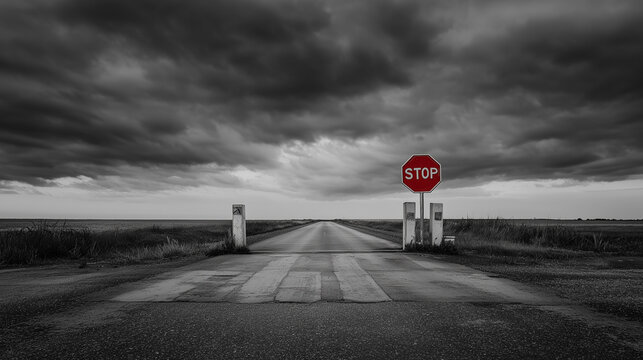 Deserted rural road ending at a stop sign beneath dramatic storm clouds creating a concept of restriction, uncertainty, risk management and decision making