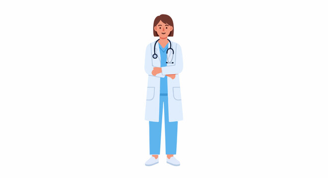 Person wearing a light blue scrub suit and a white doctor's coat, holding a stethoscope