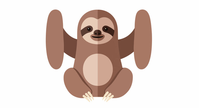 A stylized, cartoon sloth sits with arms raised, its face smiling gently