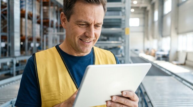 Candid lifestyle portrait of a happy logistics worker using a tablet in a modern distribution center. Unposed authentic business photography
