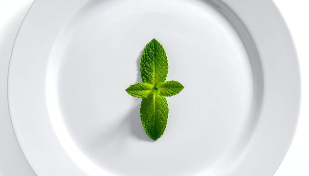A single vibrant green mint leaf placed precisely in the center of a clean white background