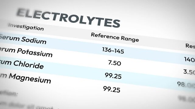 Electrolyte balance chart displaying serum sodium, potassium, chloride, and magnesium levels, 4k footage
