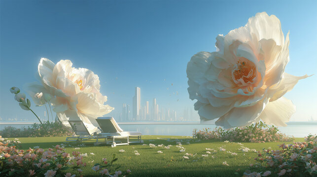 Dreamlike garden with giant blooming flowers and futuristic skyline under clear blue sky creating a surreal vision of nature and innovation