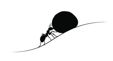 Ant pushing large rock uphill black silhouette © md
