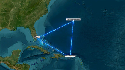The Bermuda Triangle region connecting Miami, Puerto Rico, and Bermuda Island with glowing lines © Jobayer Hossen