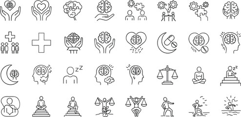 Obraz premium Mental health wellness silhouette flat vector illustration featuring mindfulness icons, brain heart care, meditation balance design art, black‑and‑white drawing