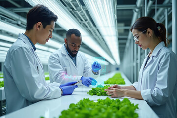 Naklejka premium Scientists Researching Hydroponic Crops in HighTech Vertical Farm Facility