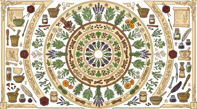 Vintage apothecary herbal medicine mandala vector illustration with mortar pestle inkwell scrolls dried herbs botanical plants and alchemy decorative frames