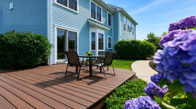 Wide view of a wooden deck with patio furniture near colored house siding and purple hydrangea bushes in a sunny backyard area