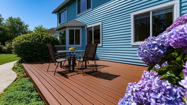 Patio table and chairs set on a wooden deck near colored house siding and large purple hydrangea bushes in a sunny backyard setting