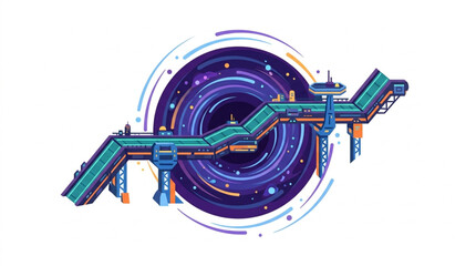 Pixel art space station with portal background. © Azkal