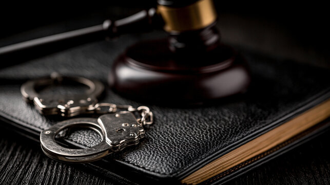 Handcuffs near judge gavel on black legal book, criminal justice court arrest trial and law enforcement concept